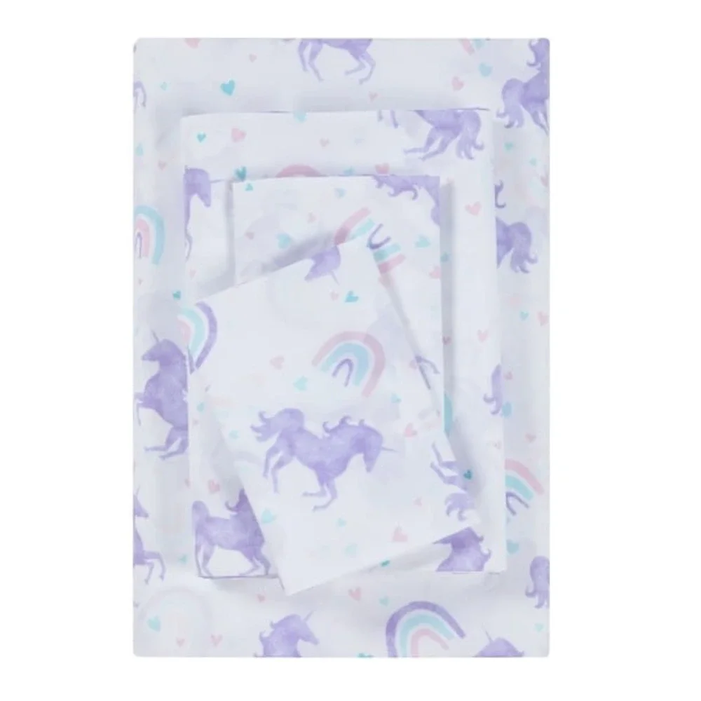 Your Zone Full Sheet Set 4 Piece Microfiber Purple Unicorn Rainbow White New